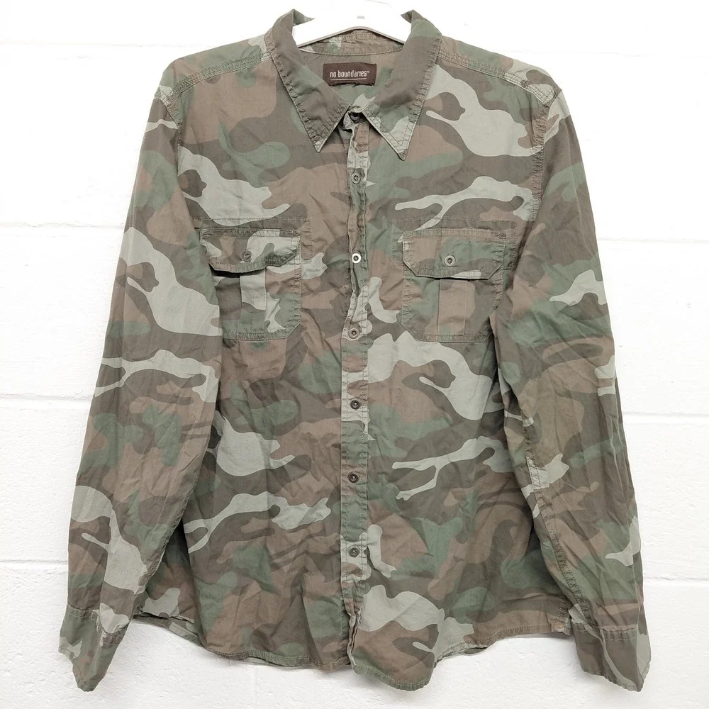 No Boundaries Camouflage Camo Men's XL‎ Button Up Shirt Long Sleeve Streetwear